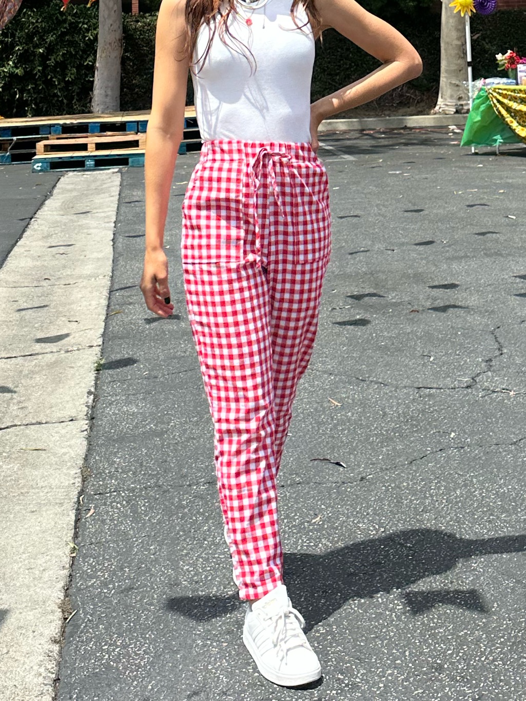 Red & White Gingham Drawstring Pants (Slim Fit)